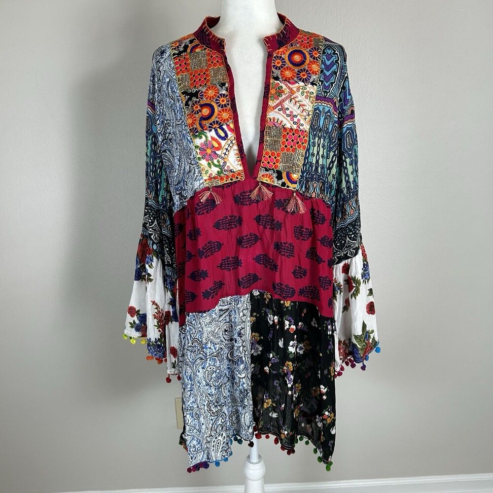 ANANDAS COLLECTION Rainbow Tunic Dress XL Boho Ethnic Patchwork Tassel Peasant
